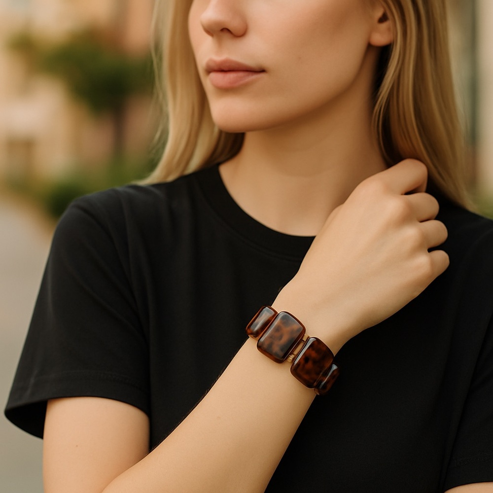 Brown Tortoiseshell Cuff Bracelet Stretch 2.25” wide